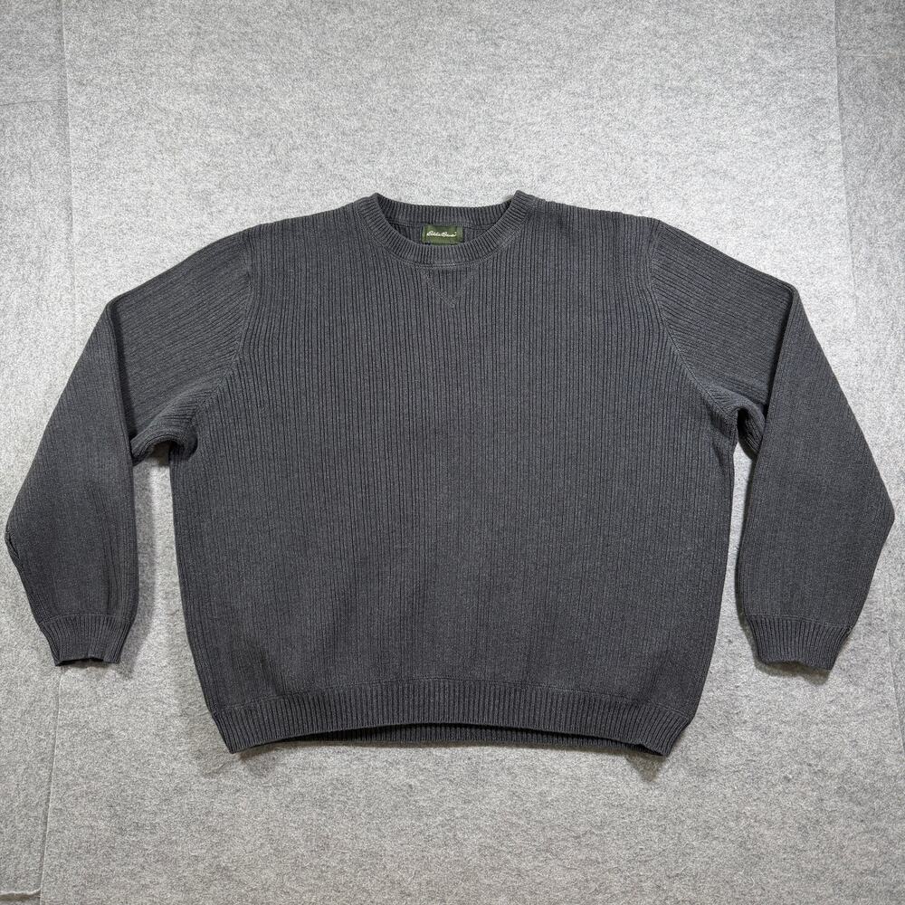 Vintage Eddie Bauer Sweater Mens L Charcoal Gray Crew Neck Cotton Ribb Knit Fall